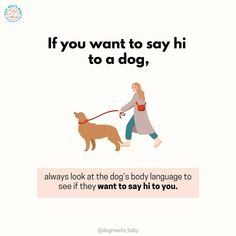 a woman walking her dog with the words if you want to say hi to a dog