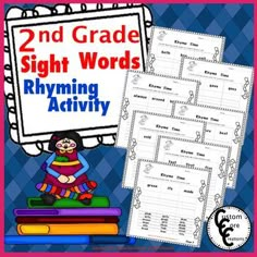 the 2nd grade sight words rhyming activity is on top of some books and has two