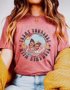 Treat Yourself With Kindness Shirt - Don't forget to take care of yourself. This tee will remind you to treat yourself with kindness. Be kind to yourself and everyone around you! Yup, it's cheesy and we love it! ❃ ❃ ❃ PRODUCT SIZING AND FABRIC CONTENT One listing, multiple color options. ❃ Size charts are located within listing images - For an oversized look, you may want to size up 1-2 sizes.  ❃ ❃ ❃  FABRIC CONTENT Solid colors: 100% cotton - includes white, natural, military green Athletic Hea Bible Shirts, Fearfully And Wonderfully Made, Inspirational Svg, Svg Christian, Wonderfully Made, Art Svg, Kindness Shirts, Christian Shirt, Biblical Quotes