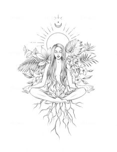 a drawing of a woman sitting in the lotus position with flowers and leaves around her