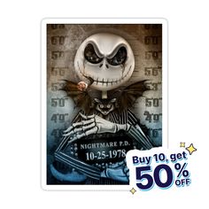 a sticker with an image of a skeleton holding a bat on it's head