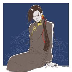 a drawing of a woman sitting on the ground with her hair in ponytails and wearing yellow earrings