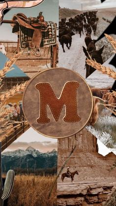 the letter m is surrounded by images of horses and people in western style clothing,