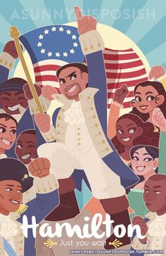 a poster with an image of a man holding the american flag in front of other people