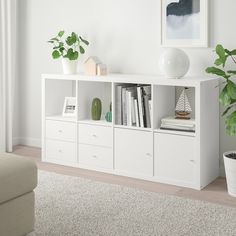 a living room filled with furniture and a potted plant on top of a shelf