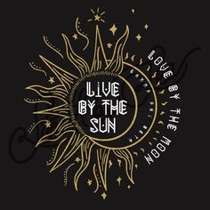 the sun with words written on it and stars in the sky above it, as well as an image of a moon