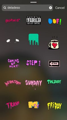 an iphone screen with stickers on it and the words friday written in different colors