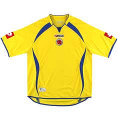 a yellow soccer jersey with red and blue trims on the chest, in front of a white background