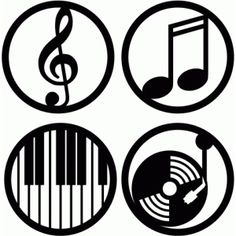 four different musical symbols are shown in black and white, with music notes on them