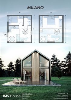 two plans for a small house in the middle of a field with trees and grass