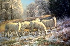 a painting of sheep grazing in a snowy field