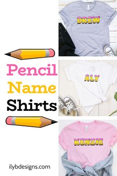 Go back to school in style with an adorable personalized name shirt with your child's name customized in a pencil font. It's the perfect 1st day of school shirt to complete the cutest back to school outfit. Those first day of school pictures are going to be sooooo stinkin' cute! Pencil Font, First Day Of School Pictures, 1st Day Of School, School Pictures, 1st Day, Going Back To School