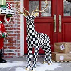 Mackenzie-Childs Courtly Check Outdoor Standing Deer  | eBay Pre Lit Christmas Wreaths, Checkered Board, Christmas Decor For Home, Reindeer Figure, Purple Christmas Tree, Christmas Trimmings, Gold Christmas Tree Decorations, Christmas Staircase, Nutcracker Christmas Decorations