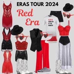 red and black outfits are featured in this advert for the fashion show, eras tour