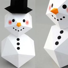 an origami snowman with a top hat and nose is shown in three different angles