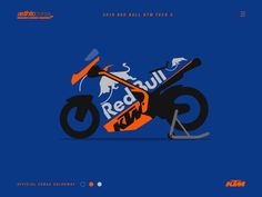 an orange and blue motorcycle with the words red bull on it