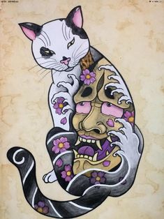 a painting of a cat with flowers on it's chest and an image of a demon in the background