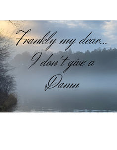 a foggy lake with trees in the background and a poem written on it that says, finally my dear, i don't give a damn