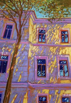 a painting of a building with windows and trees