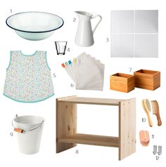 the contents of a baby's nursery room including dishes, cups and utensils