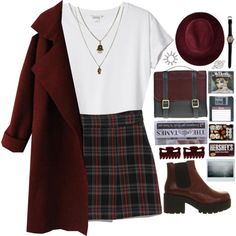 brocs by tickling on Polyvore featuring Monki, MANGO, Danielle Foster, Jamie Jewellery, Redopin, Hershey's and Jura Academia Style, Coat Outfit, Mode Inspo, Plaid Skirt, 가을 패션, Outfit Goals