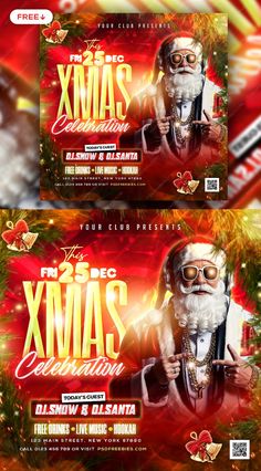 two christmas flyer templates with santa clause on them and the words xmas celebration