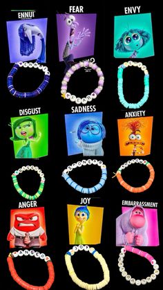 some bracelets that are all different colors and sizes with characters in them on them