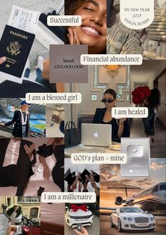 the collage has many different pictures and words on it, including an image of a woman holding a passport