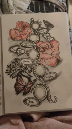 an open book with flowers and butterflies on it