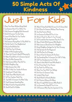 the 50 simple acts of kindness list for kids with text that reads, just for kids