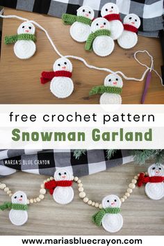 crocheted snowman garland with text overlay that says free crochet pattern