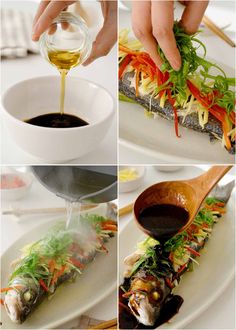 the process of making an entree with vegetables and sauces is shown in three pictures