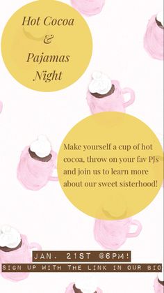 an advertisement for the hot cocoa and piquana's night event with pink teapots