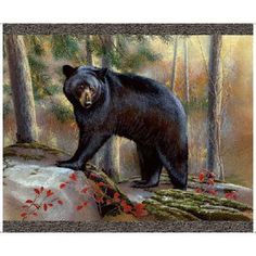 a painting of a black bear standing on a rock in the middle of a forest