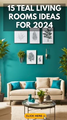 a living room with teal walls and white furniture in the center is featured for sale