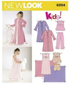 Sewing Pattern for GIRLS SLEEPWEAR & BLANKET Sizes:  3  to  8 OUT OF PRINT This is a NEW, UNCUT Pattern - Factory Folded in Original Envelope PATTERN DETAILS: Child's gown, loungewear, robe, and blanket. Pattern Includes: Open Front Robe with Tie at Neckline Sleep Pants or Shorts (Pajama Pants or Shorts) Nightgown or Pajama Top Matching Blanket NOTE: if used as sleepwear, use fabrics and trims that meet the flammability standards set by the U.S. Government.  New Look sewing pattern. FABRIC SUGGESTIONS:   Please see detailed Fabric Info in Pictures Above PATTERN SIZES INCLUDED: Girls Sizes:  3 to 8 All Sizes Included in this one Pattern Also See Sizing Info in Pictures Above THIS IS A  NEW,  UNCUT, FACTORY FOLDED PATTERN IN ORIGINAL ENVELOPE.  INCLUDES INSTRUCTIONS AND MATERIALS LIST. Copyr Kids Nightgowns, New Look Patterns, Girls Nightgown, Pajama Pattern, Childrens Sewing Patterns, Girls Nightwear, Girls Robes, Sewing Patterns Girls, Girls Sleepwear