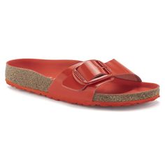 Madrid Big Buckle Natural Leather Patent High Shine Tomato | BIRKENSTOCK Madrid Big Buckle, Birkenstock Madrid Big Buckle, Tomato Color, Birkenstock Styles, Crocs Fashion, Leather Making, Calf Muscles, Fancy Shoes, Birkenstock Sandals