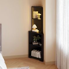 a bedroom with a bed and a bookcase in it, next to a window