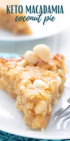 a piece of keto macadamia coconut pie on a plate with a fork