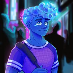 an animated image of a person with blue hair and curly hair wearing a purple shirt