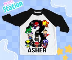 a white and black shirt with the number three on it's front, featuring cartoon characters