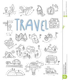 the word travel surrounded by hand drawn doodles royalty