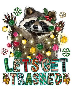 a raccoon with christmas lights around it and the words let's get transformed