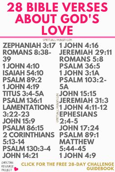 a poster with the words 28 bible verses about god's love on it