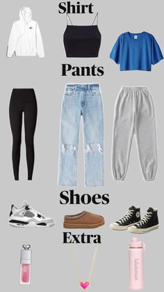 various types of clothes and shoes are shown