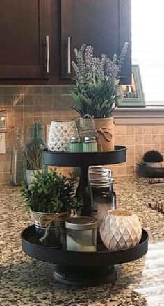 a kitchen counter top with pots and plants on the trays in front of it