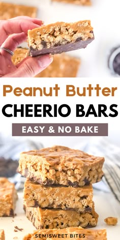 no bake peanut butter cheero bars stacked on top of each other with text overlay