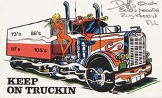 a drawing of a woman standing on the back of a semi truck with an advertisement