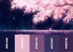 the color scheme for an anime scene with pink flowers and trees in full bloom, as well as text