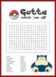 the pokemon word search is shown in red and white with an image of a stuffed animal